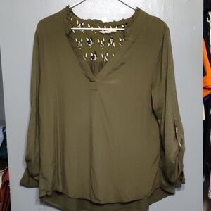 Anthropologie Porridge Aidan Shirt Top Green Size large 3/4 Sleeve Dog Detail